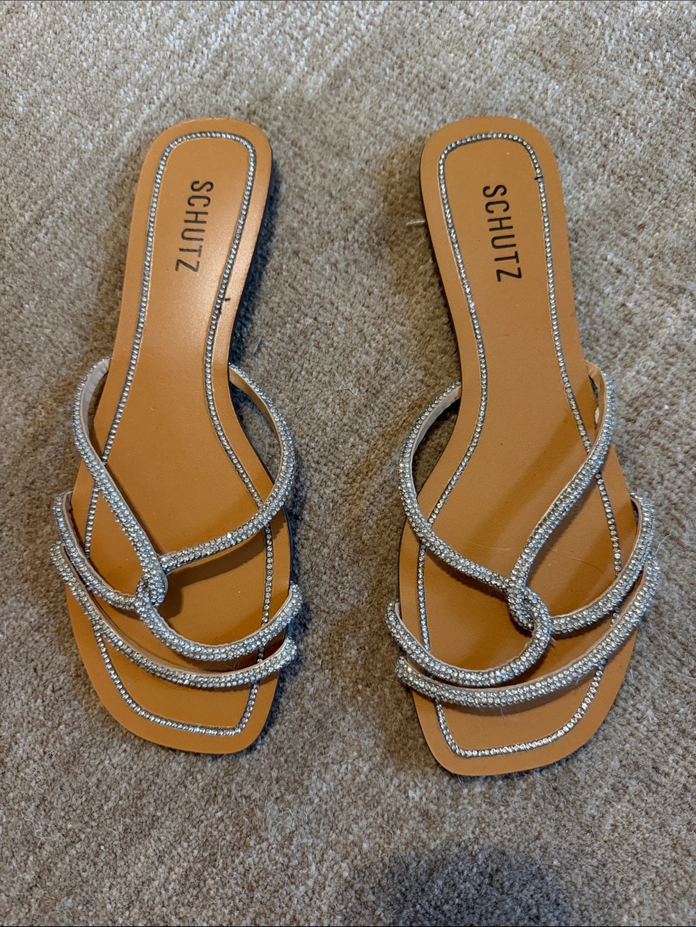 SCHUTZ Silver Rhinestone Knot Slide Sandals - Tan Footbed
